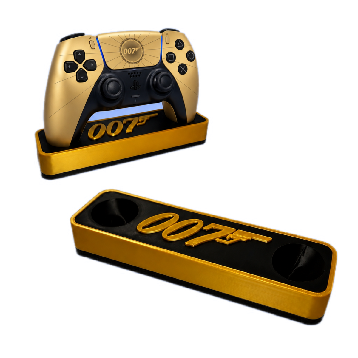 007 First Light Inspired PS5 Controller Stand – Gold & Black Premium Gaming Desk Accessory