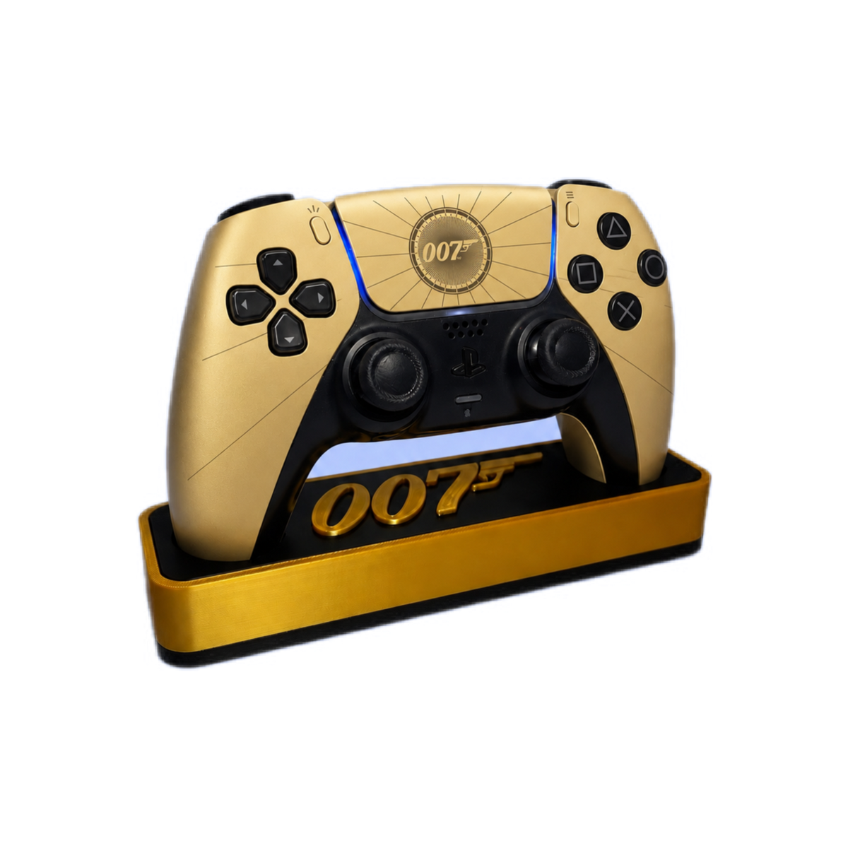 007 First Light Inspired PS5 Controller Stand – Gold & Black Premium Gaming Desk Accessory