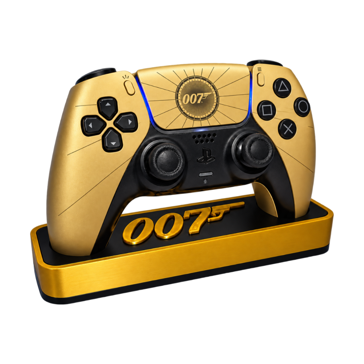 007 First Light Inspired PS5 Controller Stand – Gold & Black Premium Gaming Desk Accessory