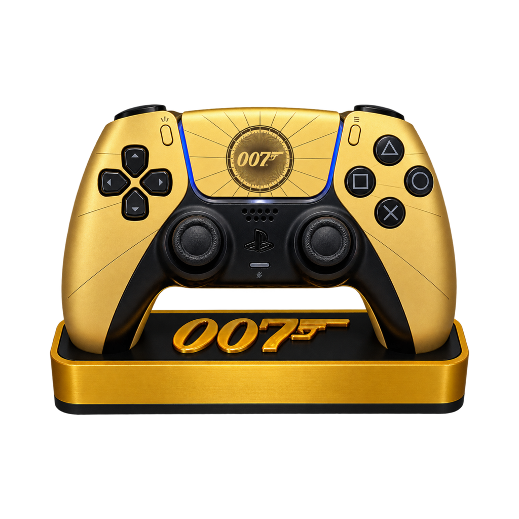 007 First Light Inspired PS5 Controller Stand – Gold & Black Premium Gaming Desk Accessory