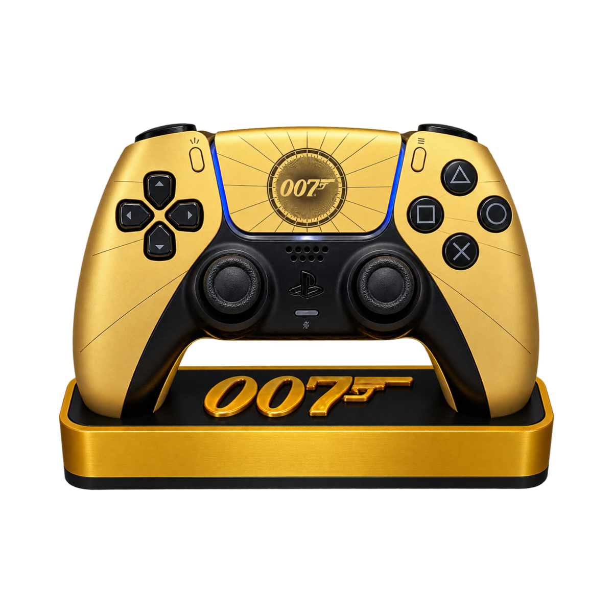 007 First Light Inspired PS5 Controller Stand – Gold & Black Premium Gaming Desk Accessory