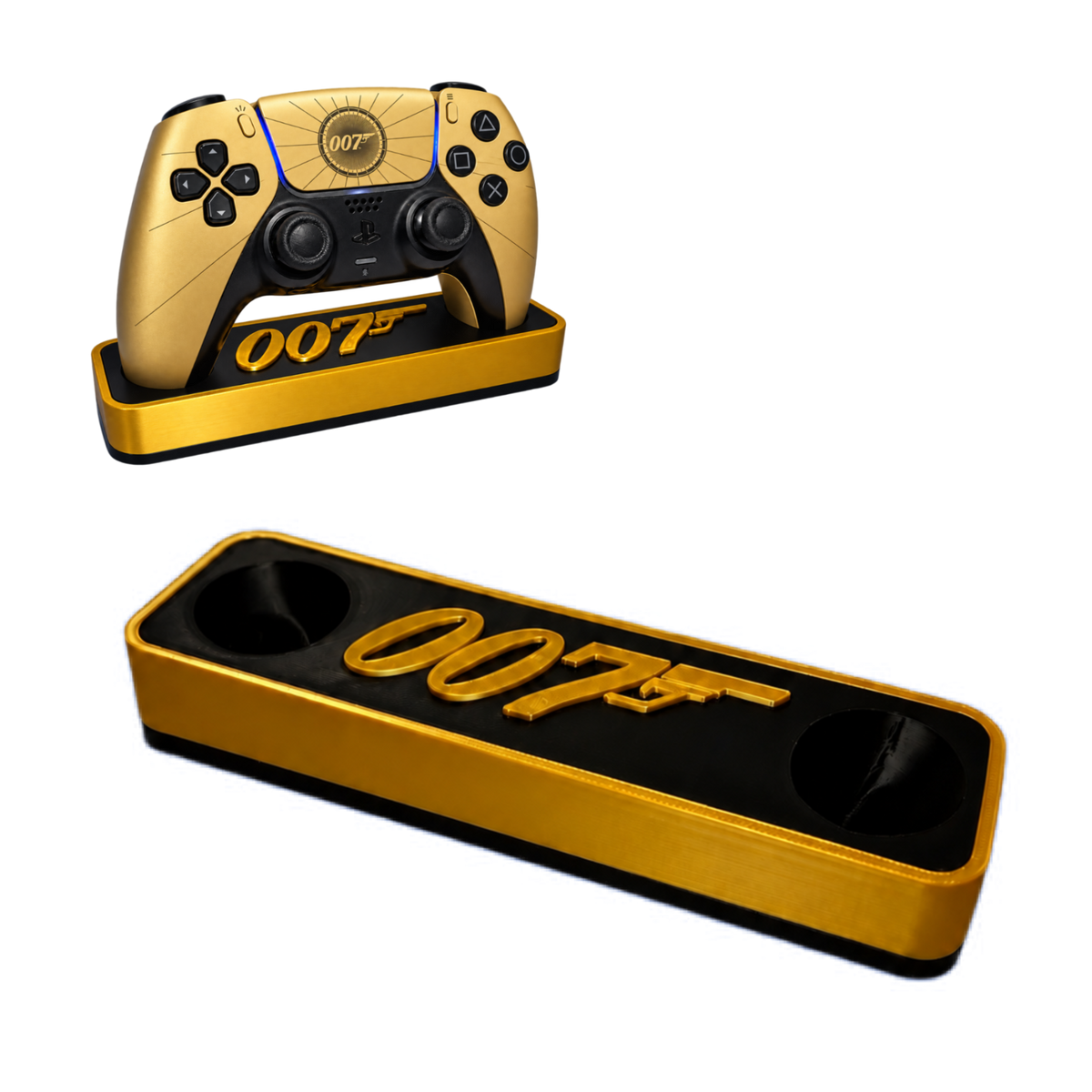 007 First Light Inspired PS5 Controller Stand – Gold & Black Premium Gaming Desk Accessory